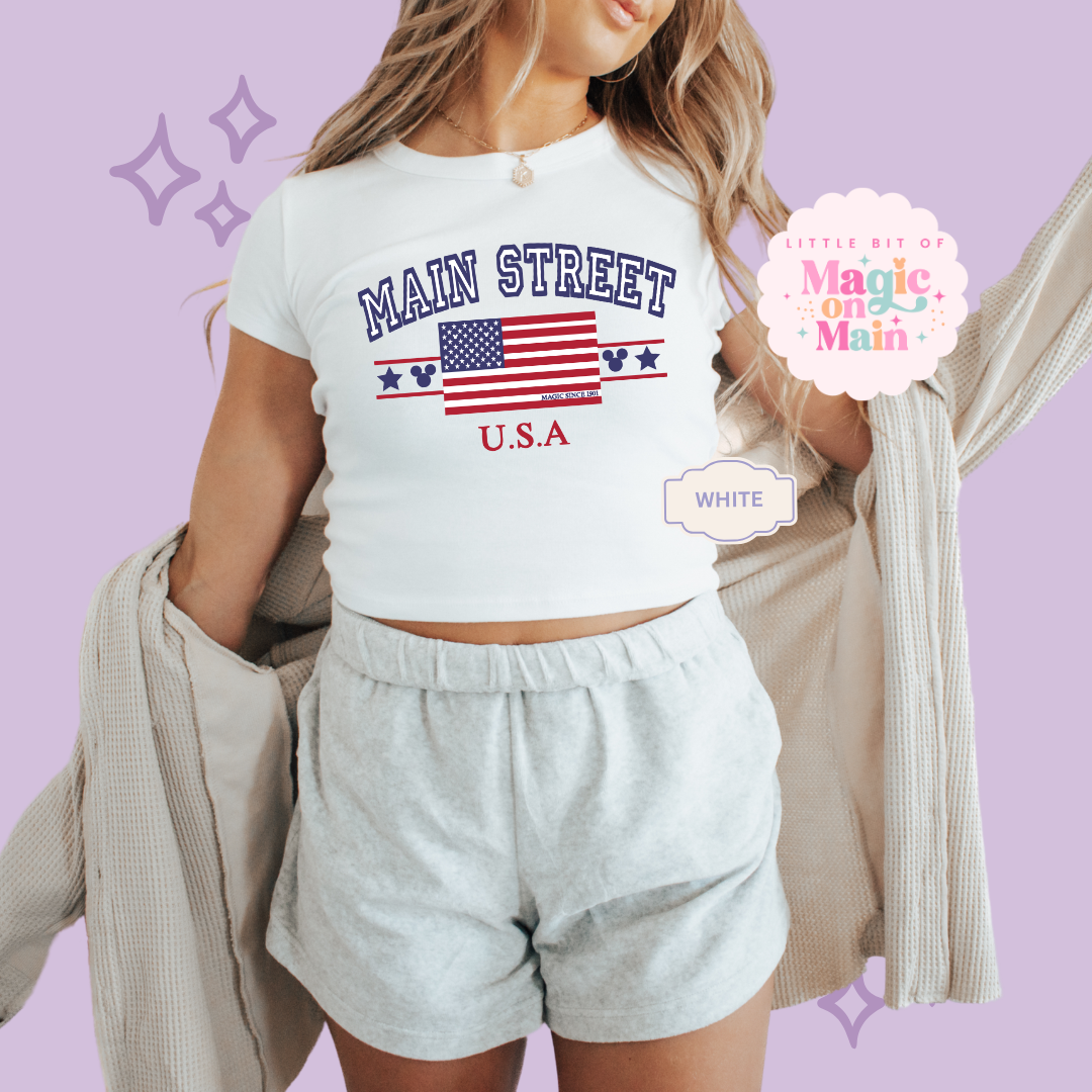 PRINTED MAIN STREET USA - EXCLUSIVE TO MoM - WOMENS CROPPED RIBBED BABY TEE 10063