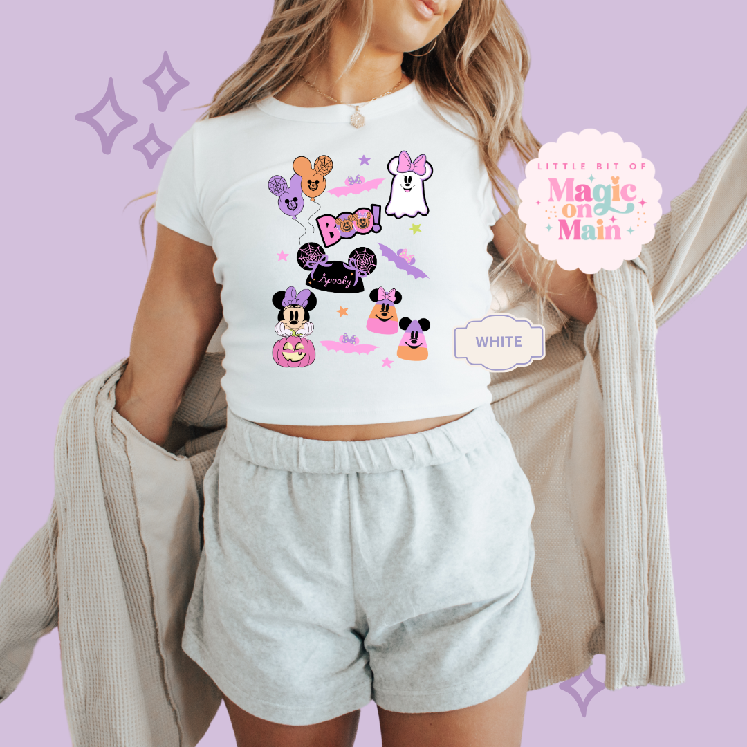 PRINTED GHOULY HALLOWEEN - EXCLUSIVE TO MoM - WOMENS CROPPED RIBBED BABY TEE 10059