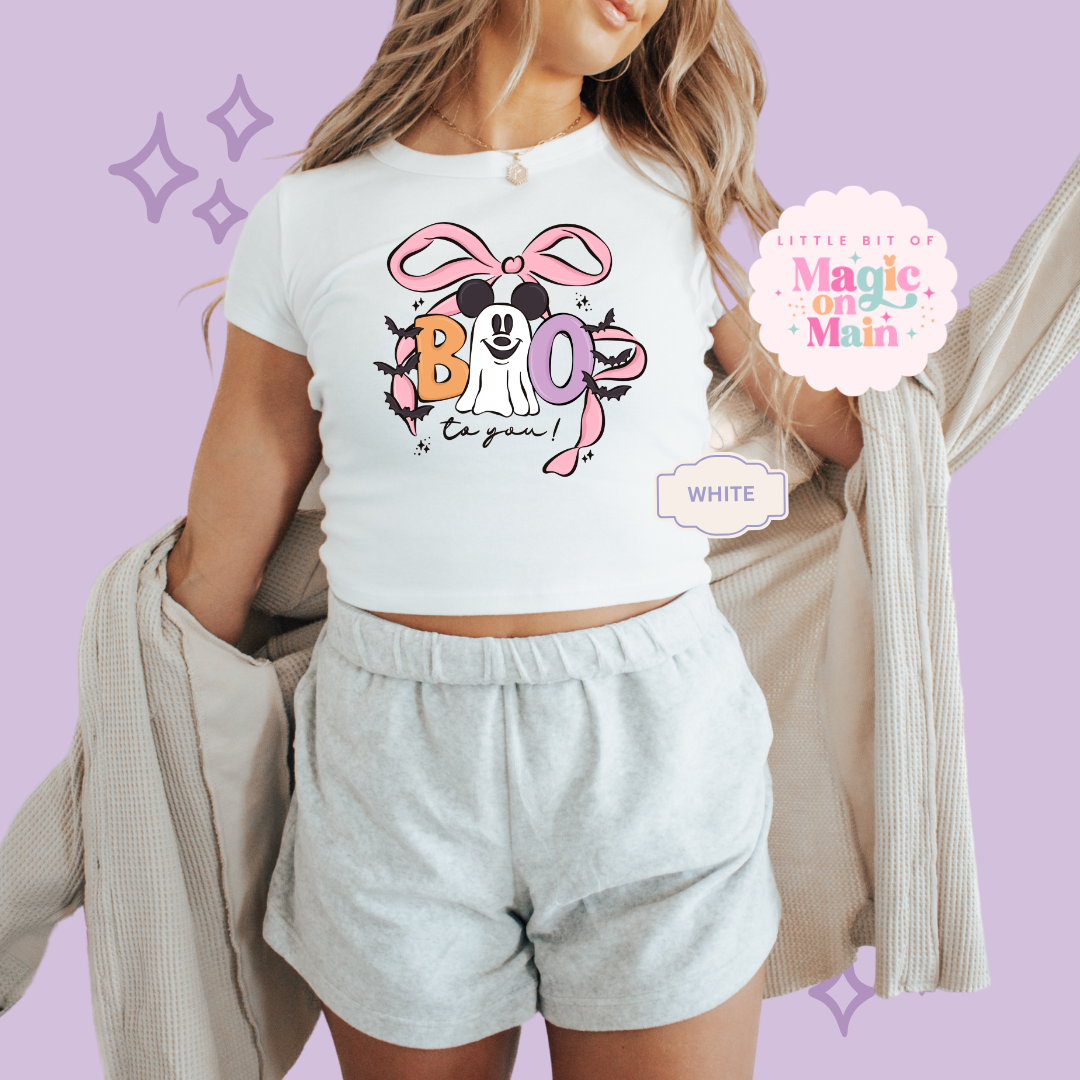 PRINTED BOO - WOMENS CROPPED RIBBED BABY TEE 10061