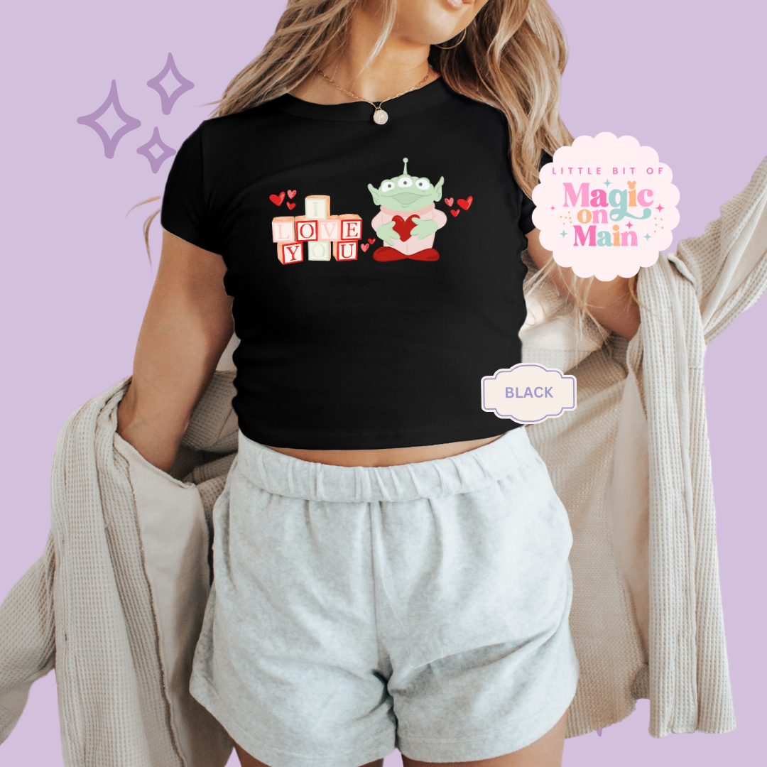 PRINTED ALIEN ILY - WOMENS CROPPED RIBBED BABY TEE 10028