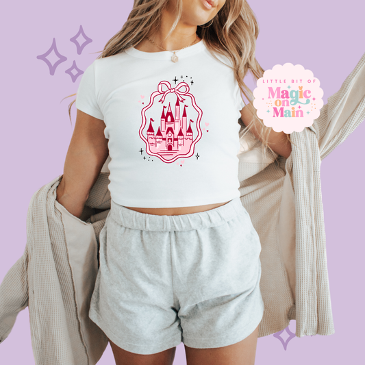PRINTED PINK CASTLE - WOMENS CROPPED RIBBED BABY TEE 10003