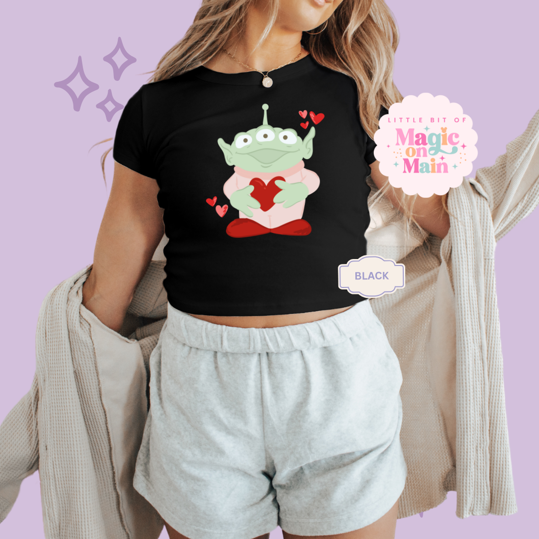 PRINTED ALIEN HEARTS - WOMENS CROPPED RIBBED BABY TEE 10027