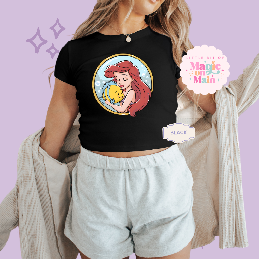 PRINTED MERMAID ROUND LOCKET - WOMENS CROPPED RIBBED BABY TEE 10056