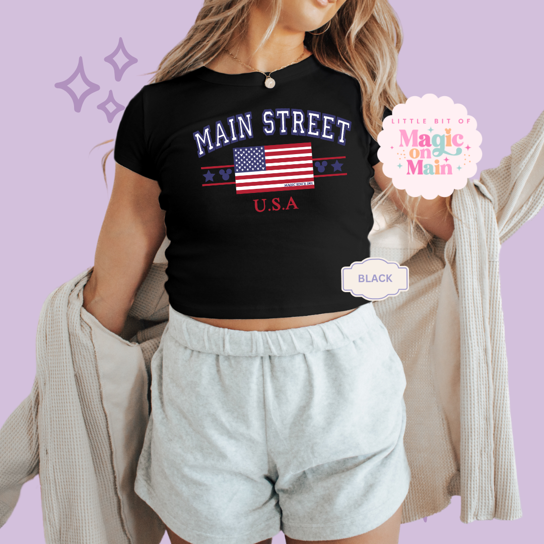PRINTED MAIN STREET USA - EXCLUSIVE TO MoM - WOMENS CROPPED RIBBED BABY TEE 10063