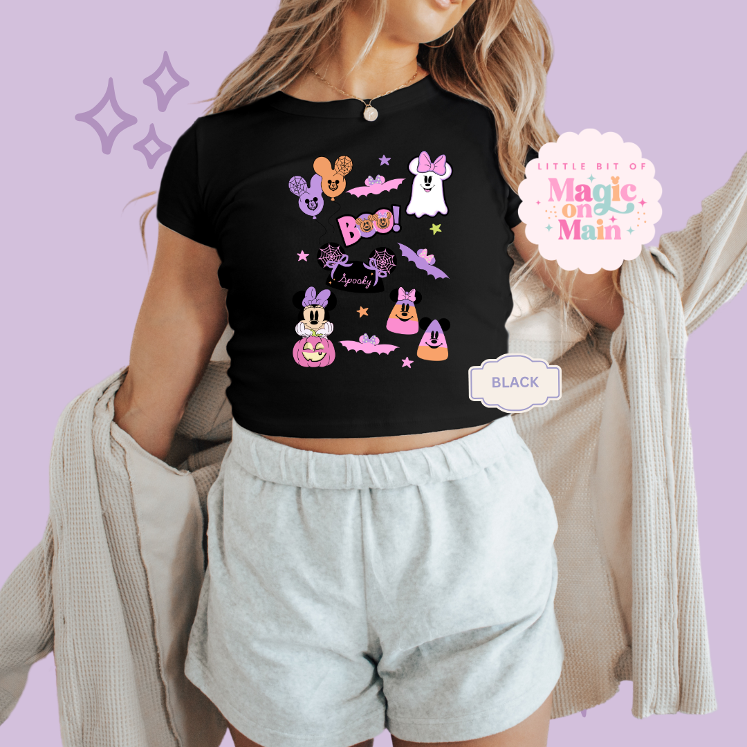 PRINTED GHOULY HALLOWEEN - EXCLUSIVE TO MoM - WOMENS CROPPED RIBBED BABY TEE 10059
