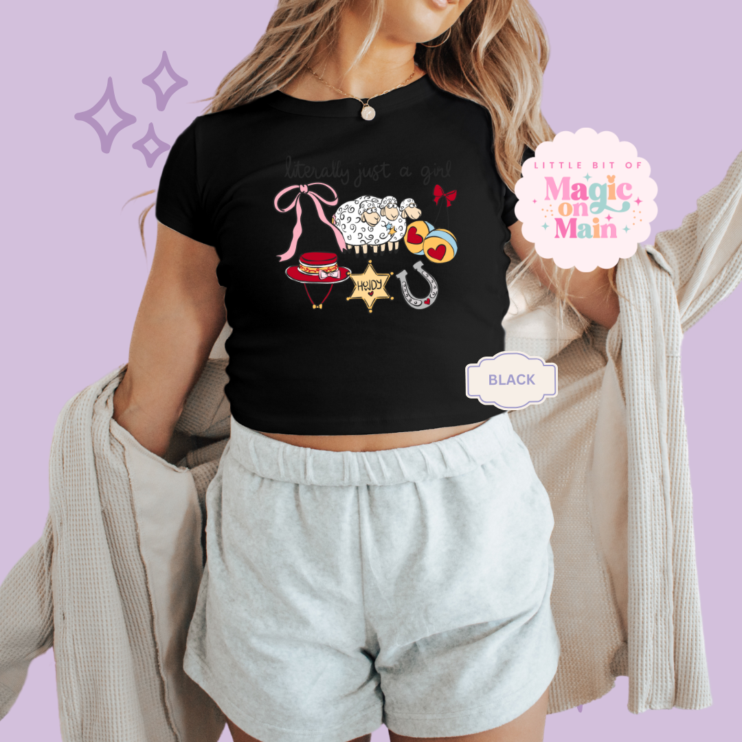 PRINTED LITERALLY JUST A GIRL - WOMENS CROPPED RIBBED BABY TEE 10001