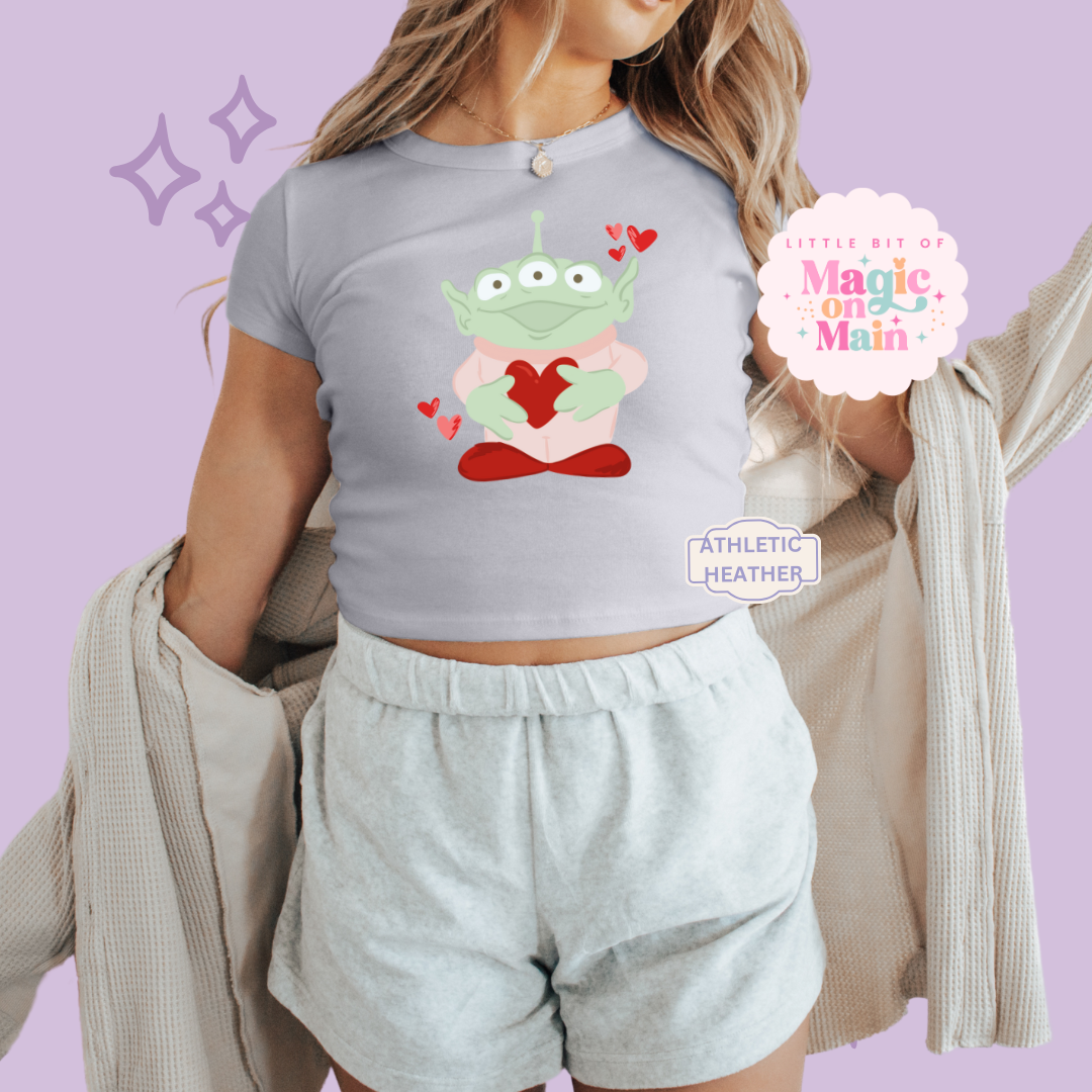 PRINTED ALIEN HEARTS - WOMENS CROPPED RIBBED BABY TEE 10027