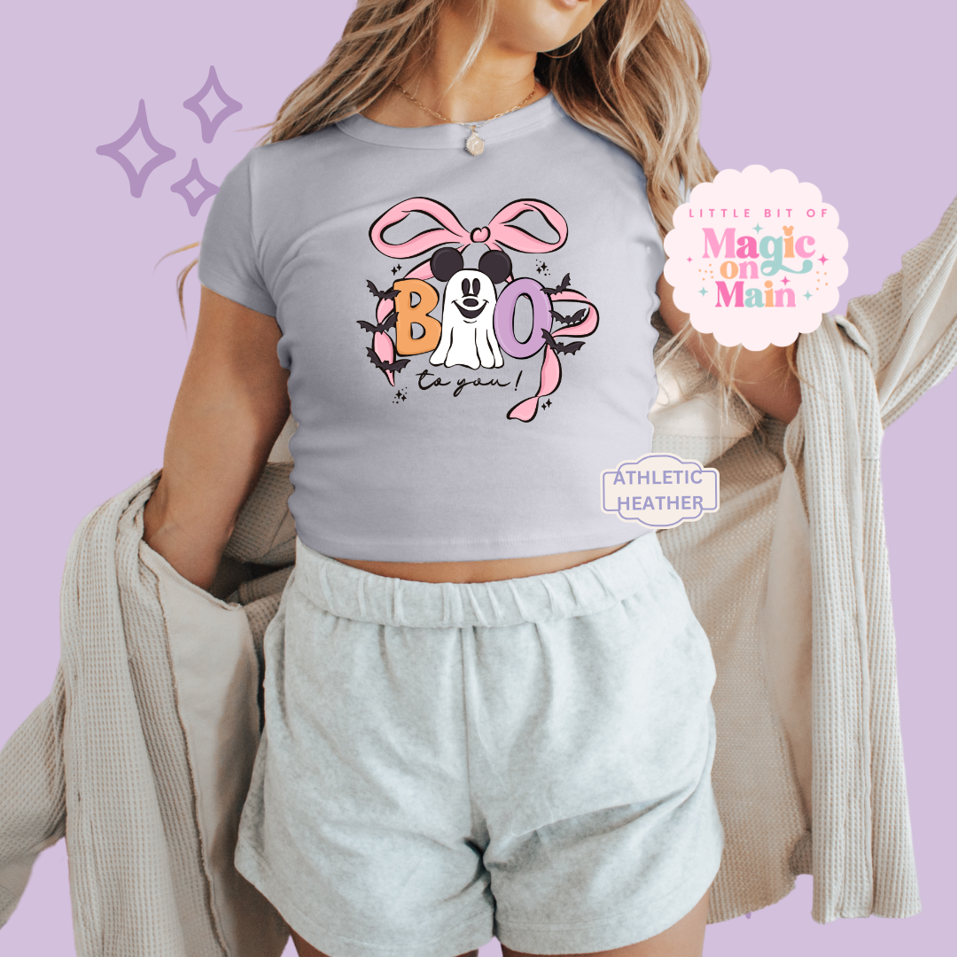 PRINTED BOO - WOMENS CROPPED RIBBED BABY TEE 10061
