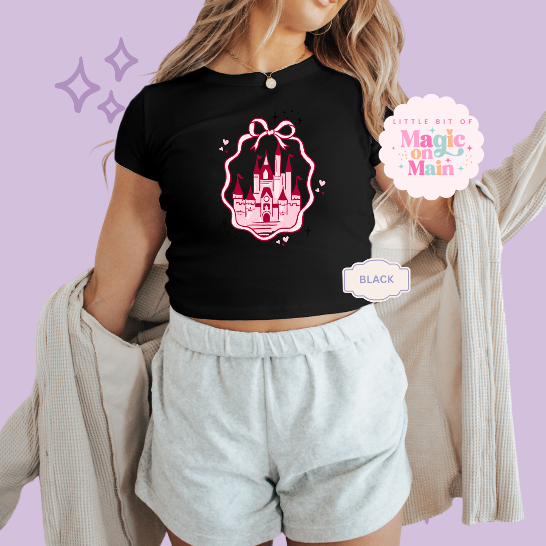 PRINTED PINK CASTLE - WOMENS CROPPED RIBBED BABY TEE 10003