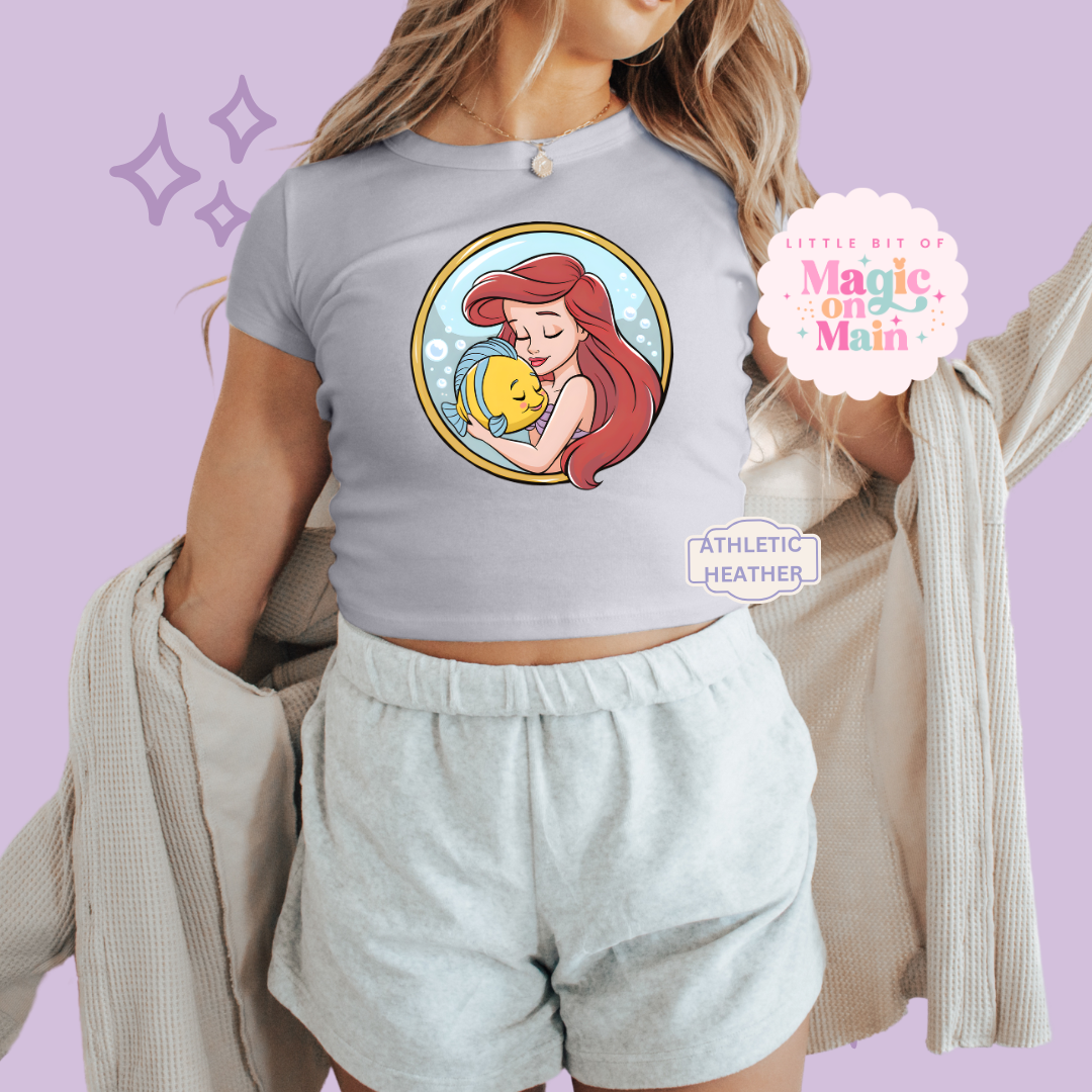 PRINTED MERMAID ROUND LOCKET - WOMENS CROPPED RIBBED BABY TEE 10056