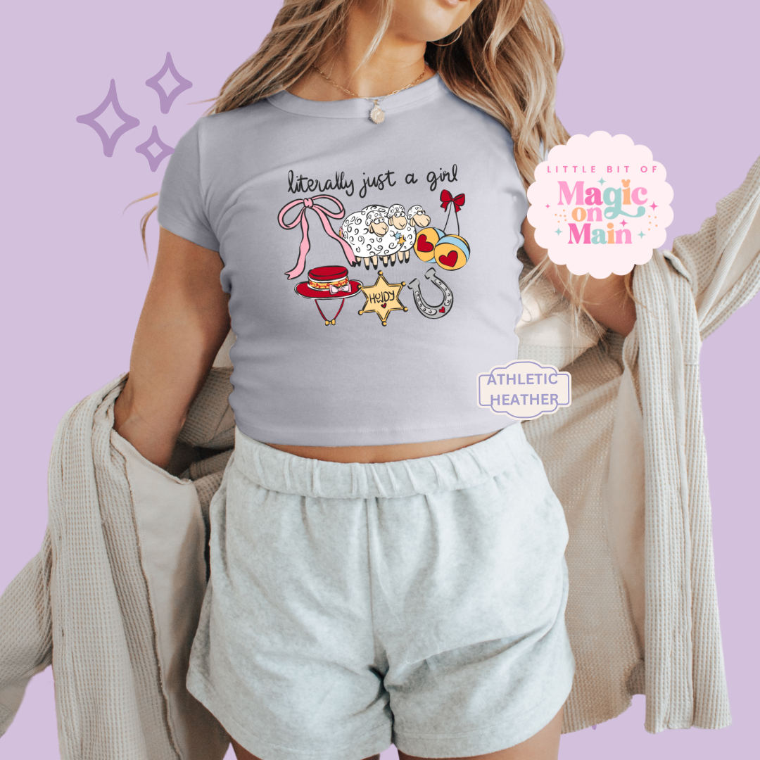 PRINTED LITERALLY JUST A GIRL - WOMENS CROPPED RIBBED BABY TEE 10001