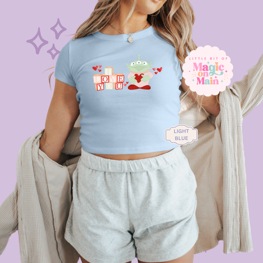 PRINTED ALIEN ILY - WOMENS CROPPED RIBBED BABY TEE 10028
