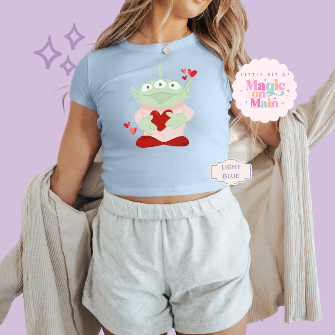 PRINTED ALIEN HEARTS - WOMENS CROPPED RIBBED BABY TEE 10027