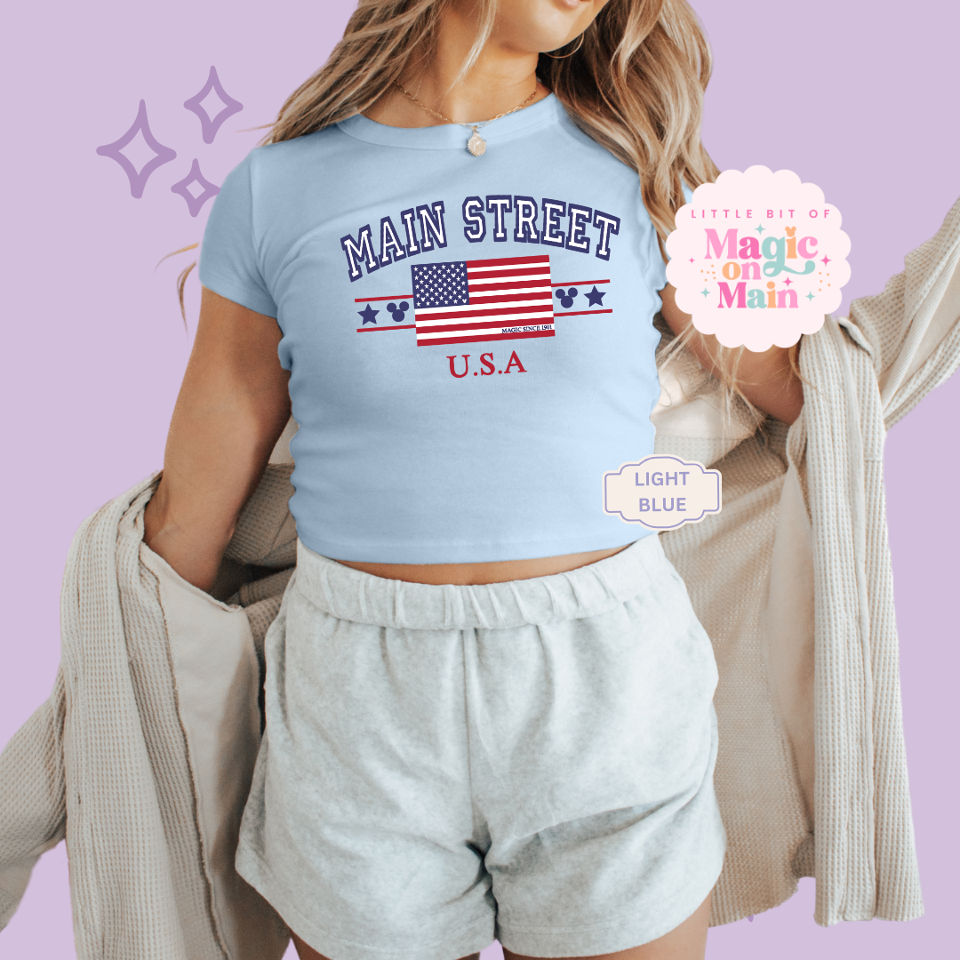 PRINTED MAIN STREET USA - EXCLUSIVE TO MoM - WOMENS CROPPED RIBBED BABY TEE 10063