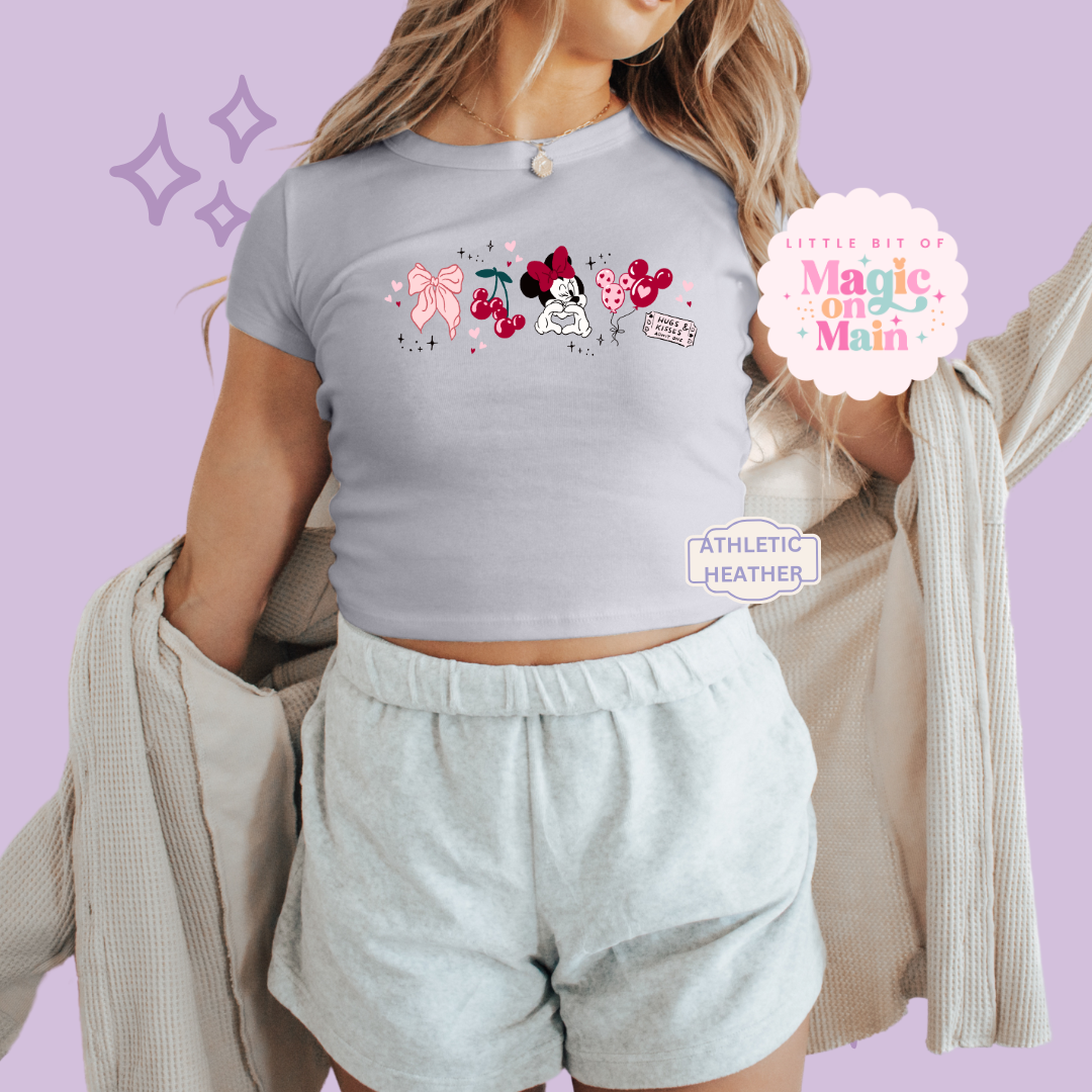 PRINTED HUGS AND KISSES - WOMENS CROPPED RIBBED BABY TEE 10007