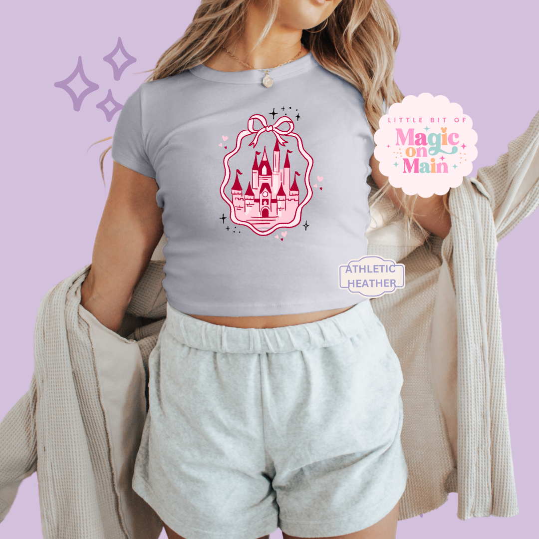 PRINTED PINK CASTLE - WOMENS CROPPED RIBBED BABY TEE 10003