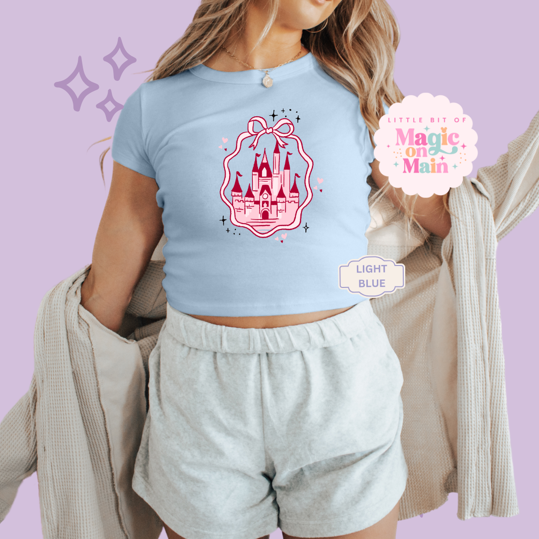 PRINTED PINK CASTLE - WOMENS CROPPED RIBBED BABY TEE 10003