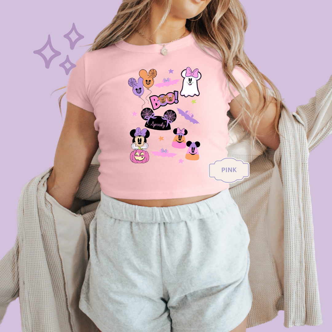 PRINTED GHOULY HALLOWEEN - EXCLUSIVE TO MoM - WOMENS CROPPED RIBBED BABY TEE 10059