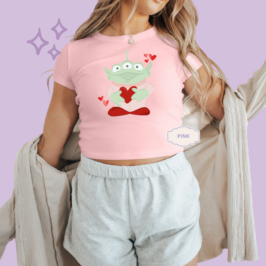 PRINTED ALIEN HEARTS - WOMENS CROPPED RIBBED BABY TEE 10027