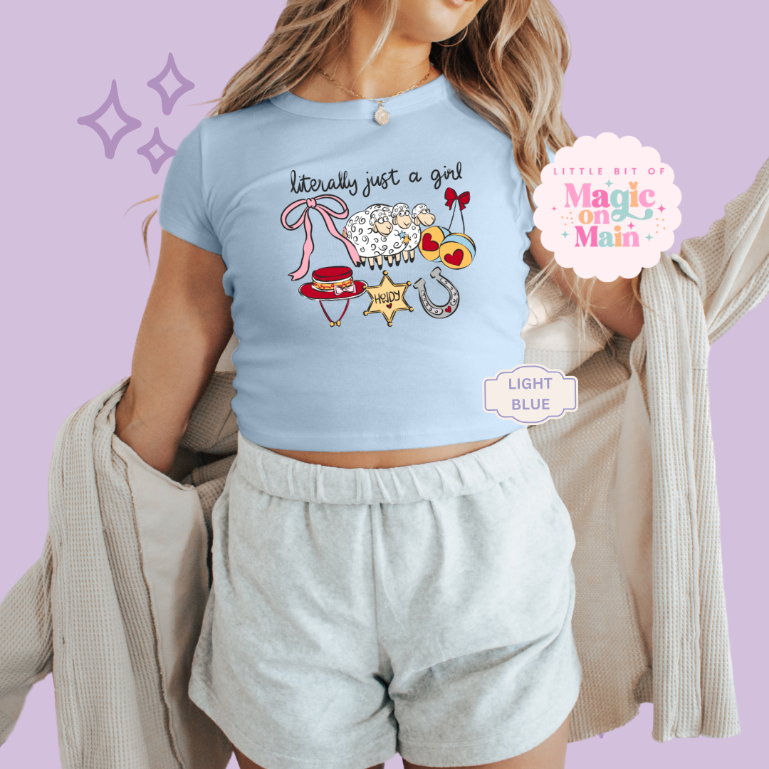 PRINTED LITERALLY JUST A GIRL - WOMENS CROPPED RIBBED BABY TEE 10001