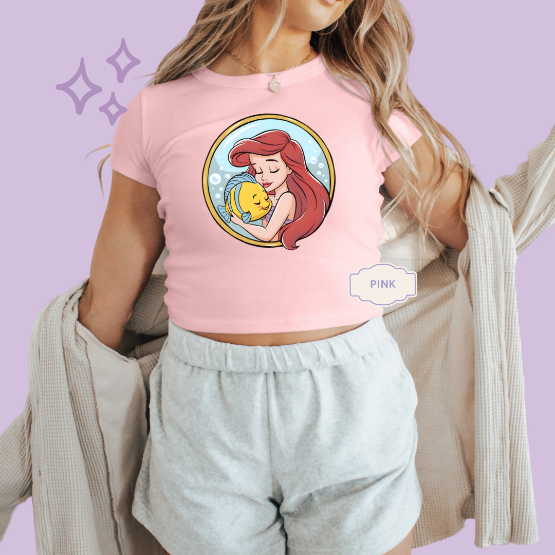 PRINTED MERMAID ROUND LOCKET - WOMENS CROPPED RIBBED BABY TEE 10056
