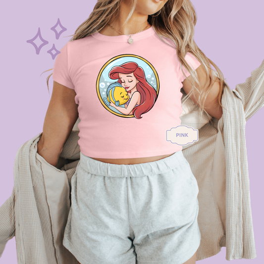 PRINTED MERMAID ROUND LOCKET - WOMENS CROPPED RIBBED BABY TEE 10056