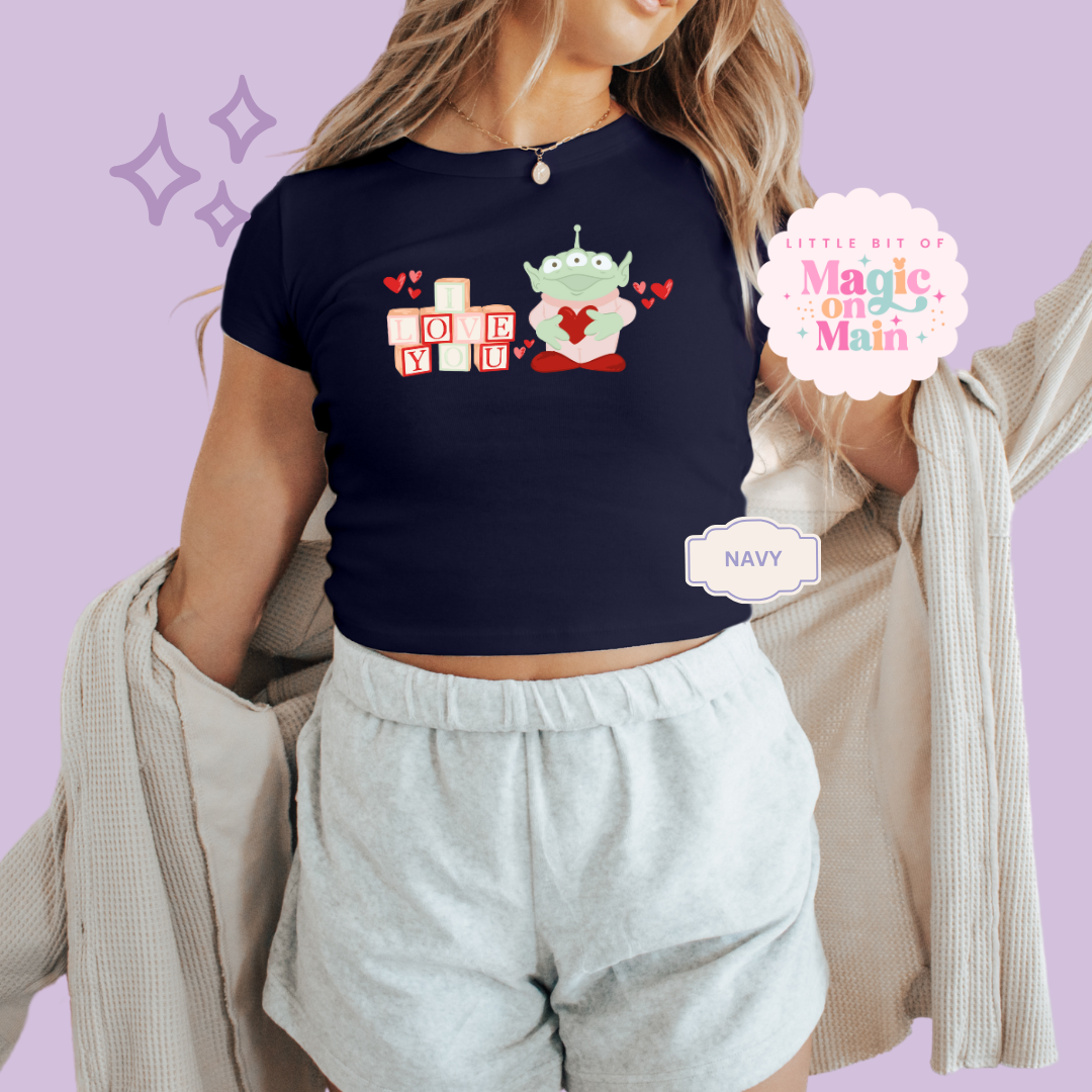 PRINTED ALIEN ILY - WOMENS CROPPED RIBBED BABY TEE 10028
