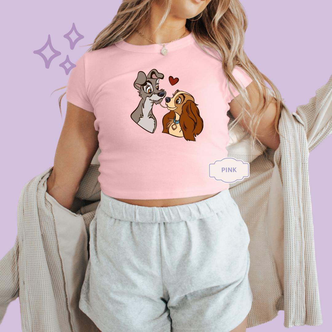PRINTED VALENTINE DOGS - WOMENS CROPPED RIBBED BABY TEE 10017
