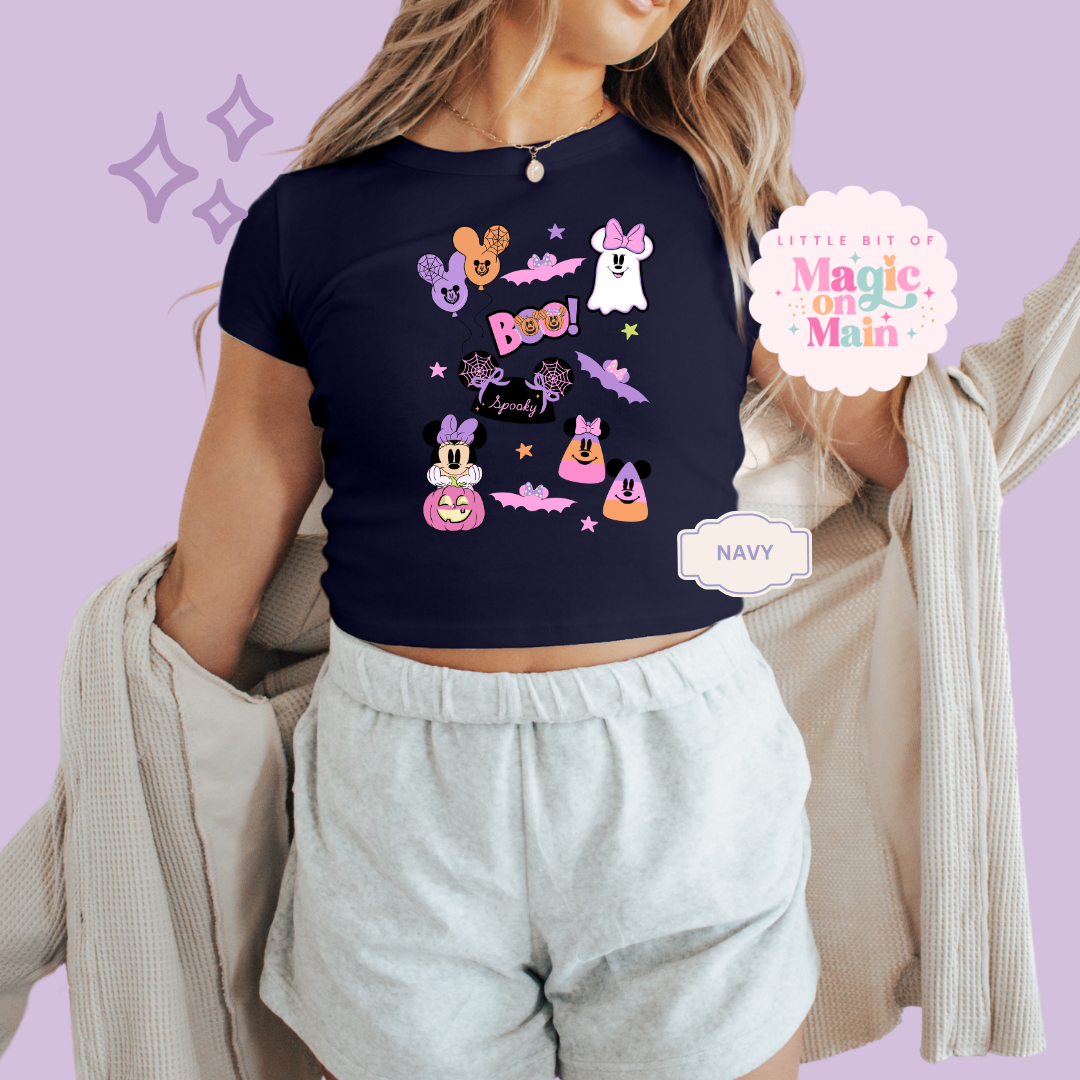 PRINTED GHOULY HALLOWEEN - EXCLUSIVE TO MoM - WOMENS CROPPED RIBBED BABY TEE 10059