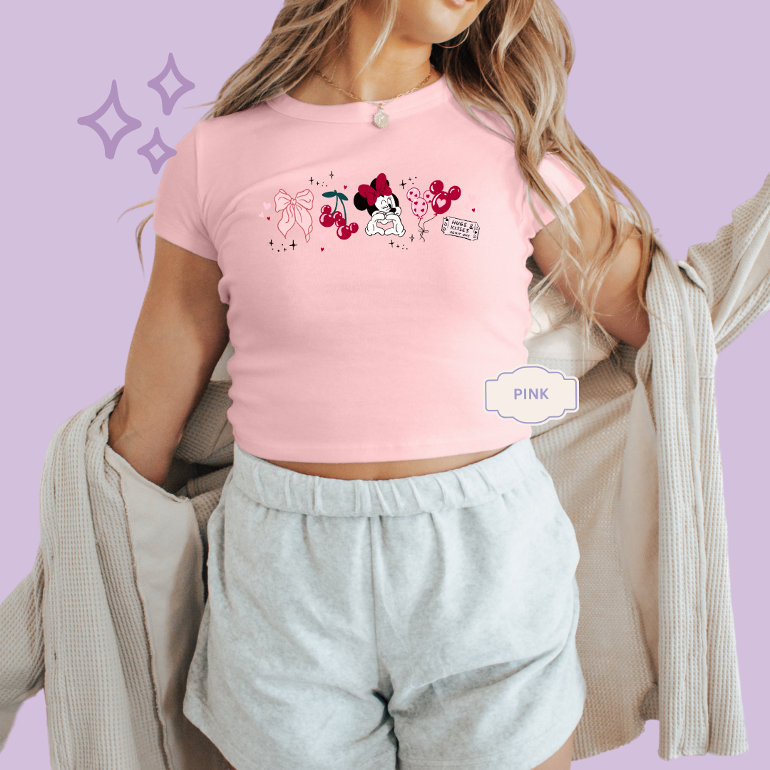 PRINTED HUGS AND KISSES - WOMENS CROPPED RIBBED BABY TEE 10007