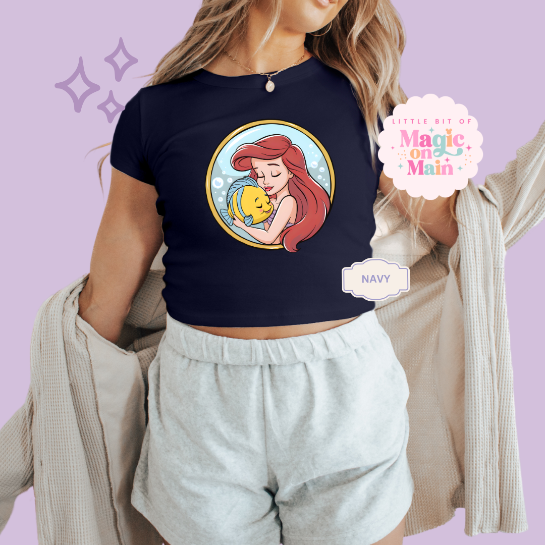 PRINTED MERMAID ROUND LOCKET - WOMENS CROPPED RIBBED BABY TEE 10056