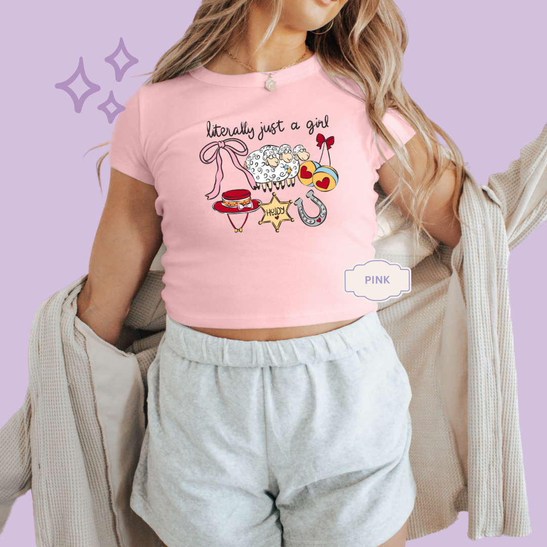PRINTED LITERALLY JUST A GIRL - WOMENS CROPPED RIBBED BABY TEE 10001