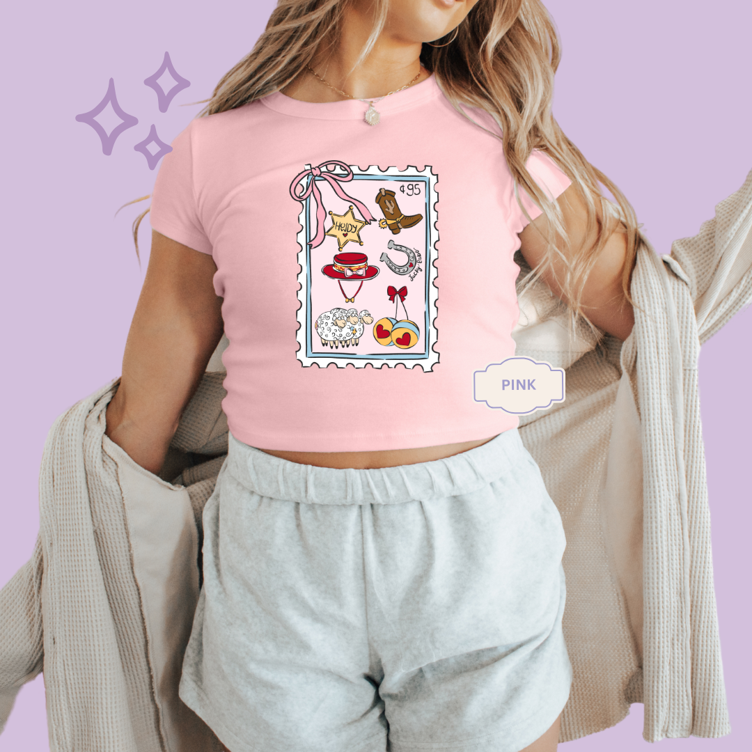 PRINTED GIRLIE POP STAMP - WOMENS CROPPED RIBBED BABY TEE 10002