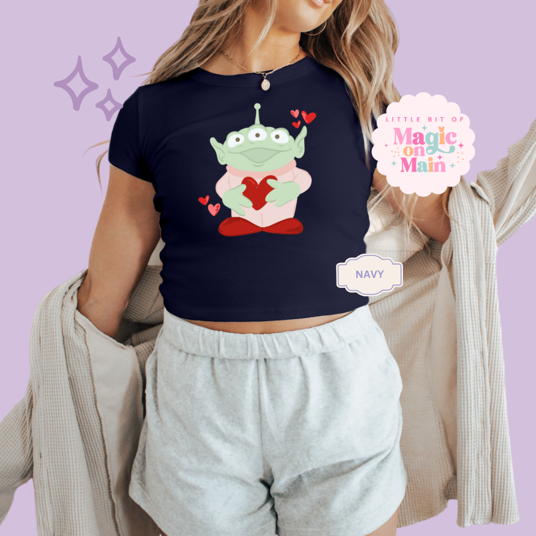 PRINTED ALIEN HEARTS - WOMENS CROPPED RIBBED BABY TEE 10027