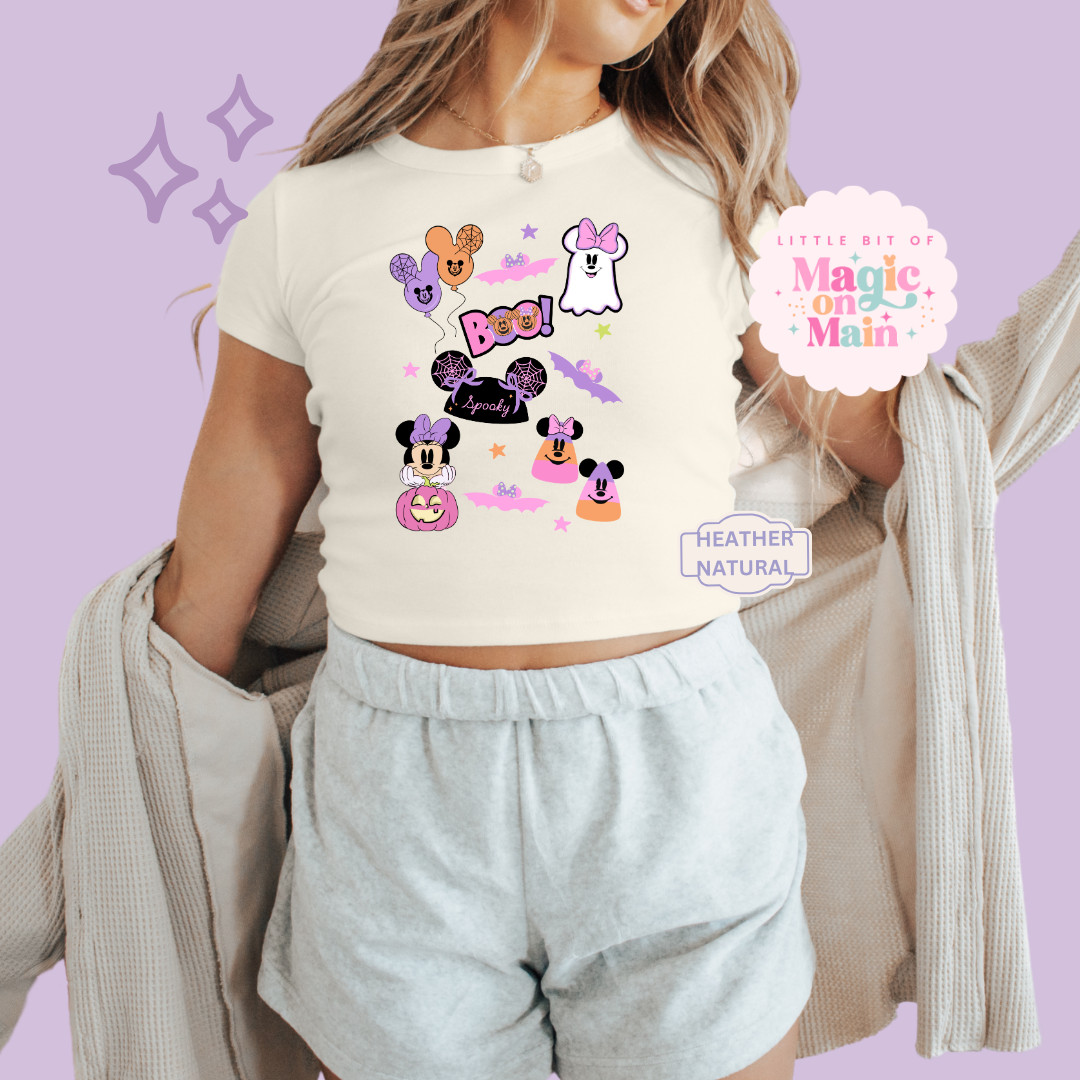 PRINTED GHOULY HALLOWEEN - EXCLUSIVE TO MoM - WOMENS CROPPED RIBBED BABY TEE 10059