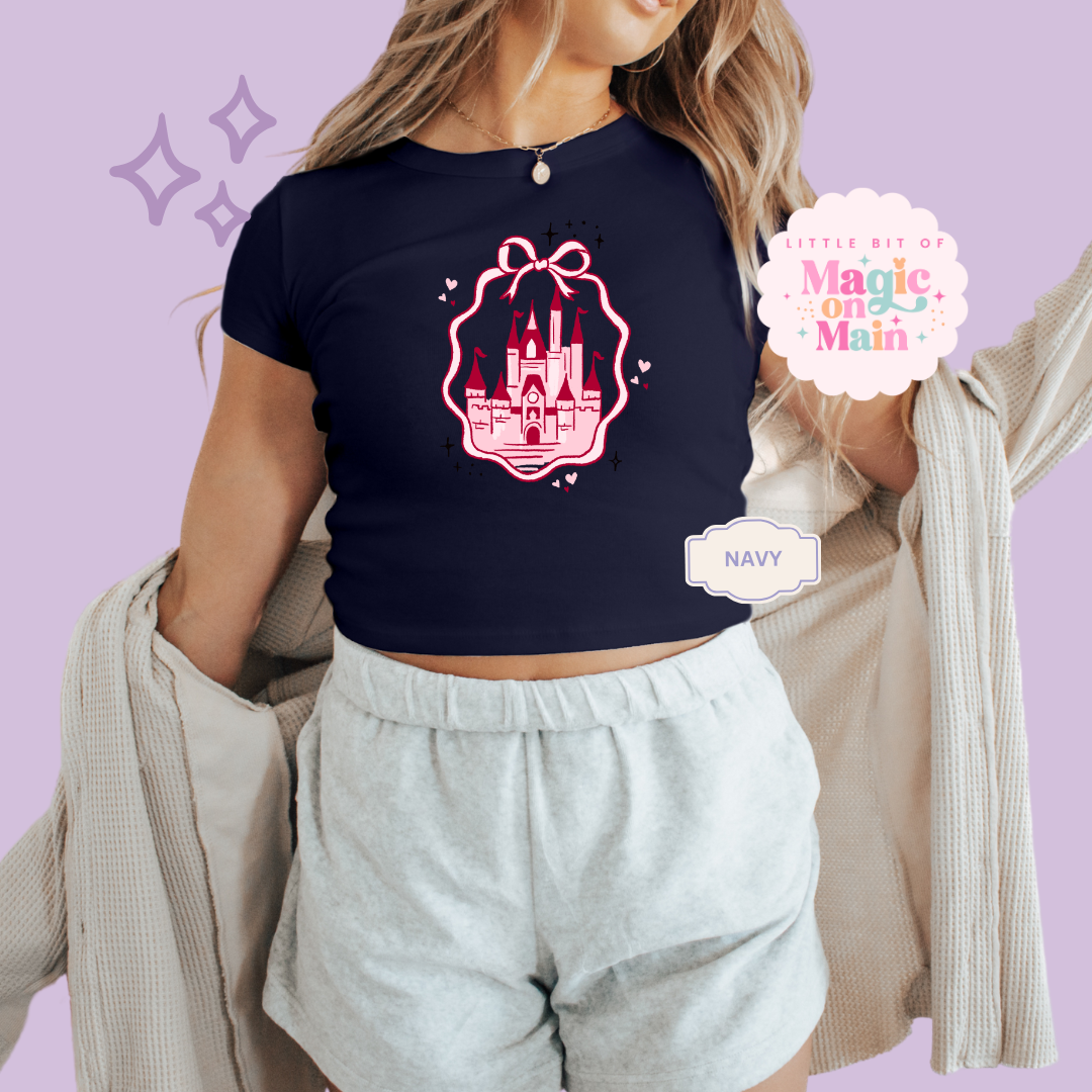 PRINTED PINK CASTLE - WOMENS CROPPED RIBBED BABY TEE 10003