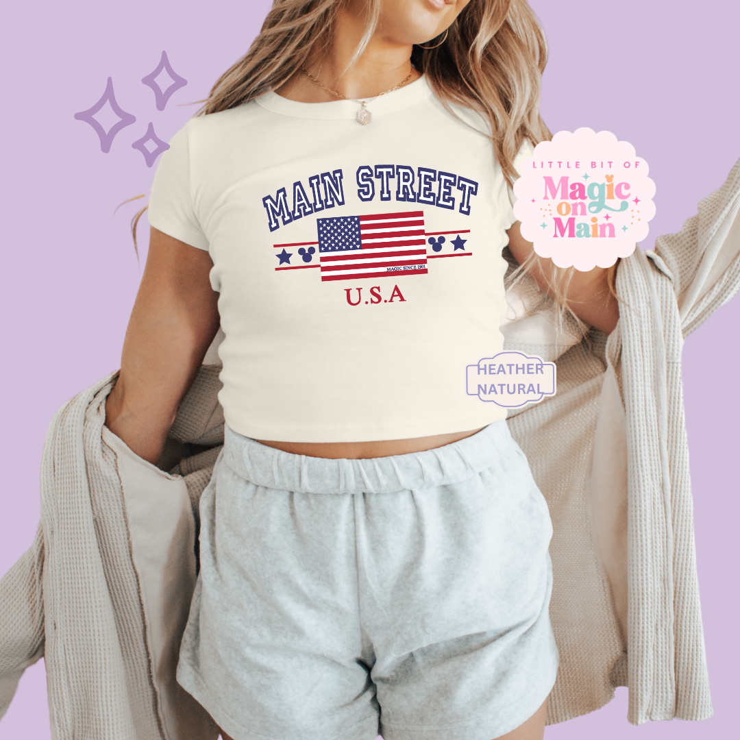 PRINTED MAIN STREET USA - EXCLUSIVE TO MoM - WOMENS CROPPED RIBBED BABY TEE 10063