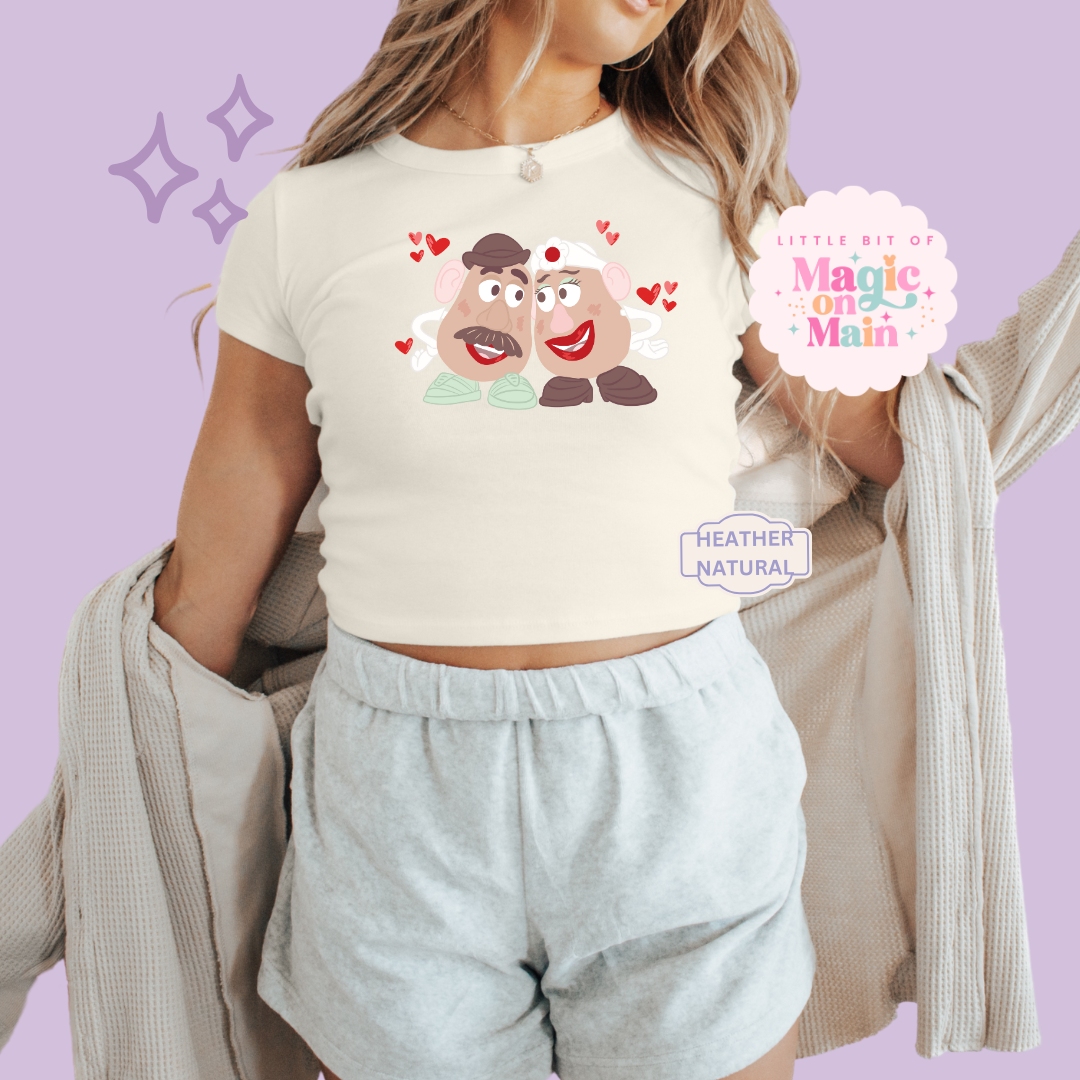 PRINTED POTATO COUPLE - WOMENS CROPPED RIBBED BABY TEE 10026