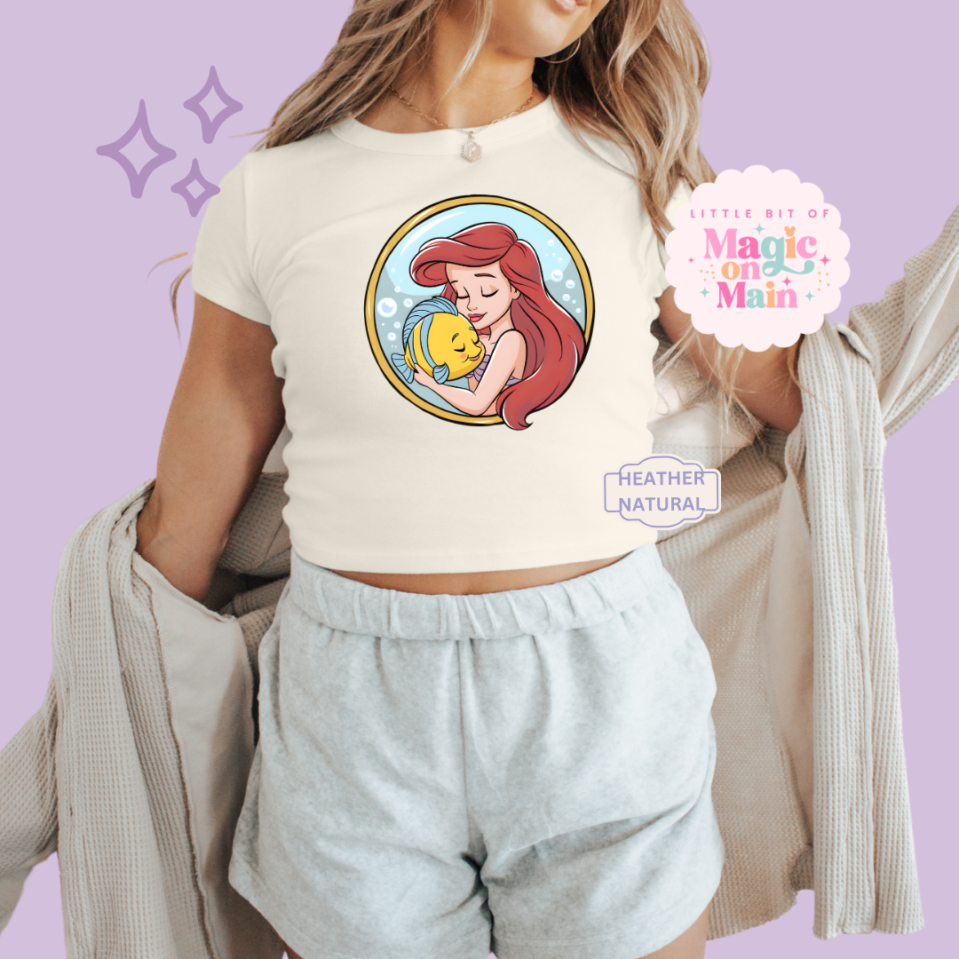 PRINTED MERMAID ROUND LOCKET - WOMENS CROPPED RIBBED BABY TEE 10056