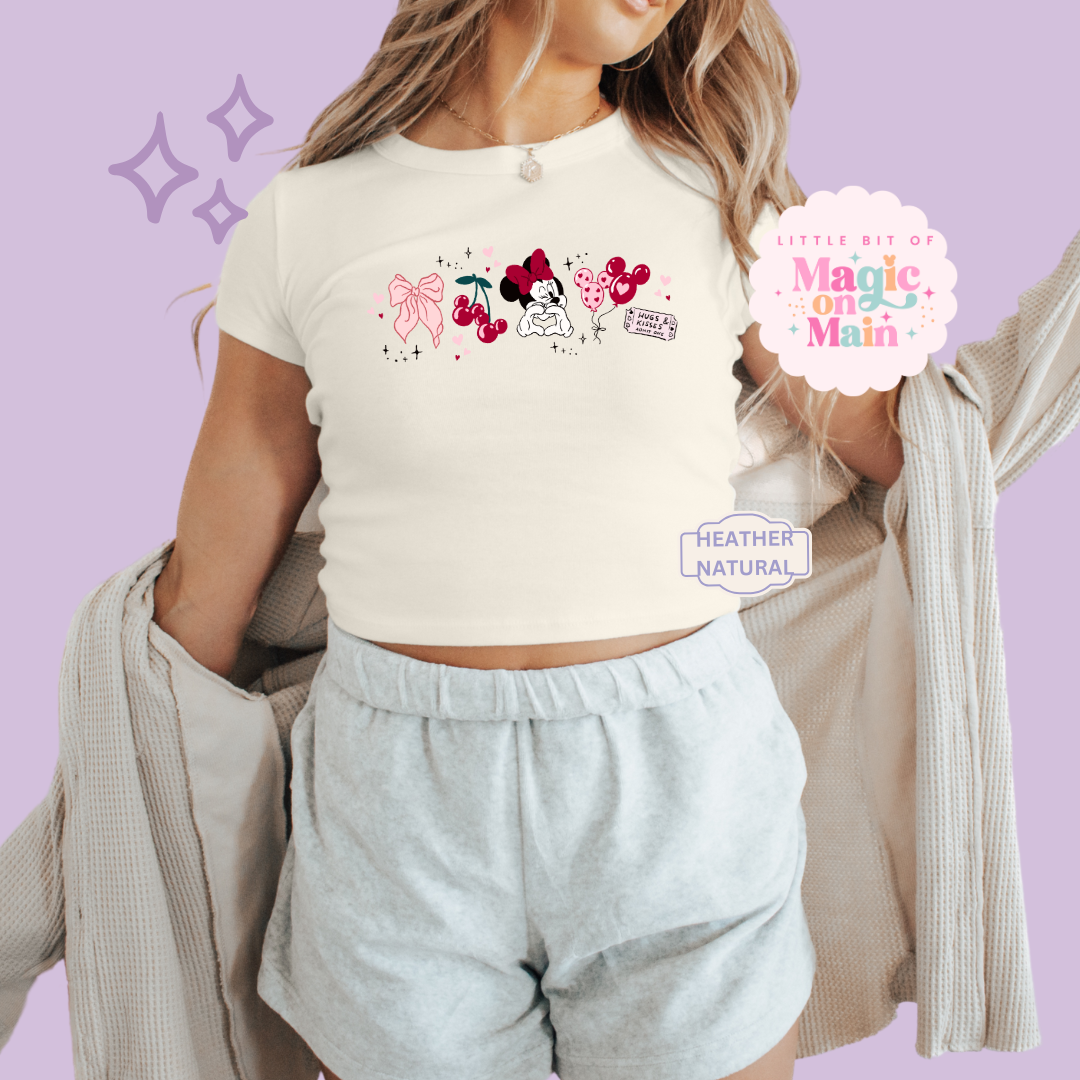 PRINTED HUGS AND KISSES - WOMENS CROPPED RIBBED BABY TEE 10007