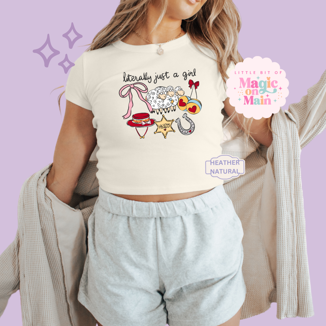 PRINTED LITERALLY JUST A GIRL - WOMENS CROPPED RIBBED BABY TEE 10001