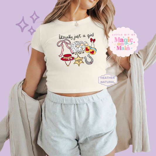 PRINTED LITERALLY JUST A GIRL - WOMENS CROPPED RIBBED BABY TEE 10001