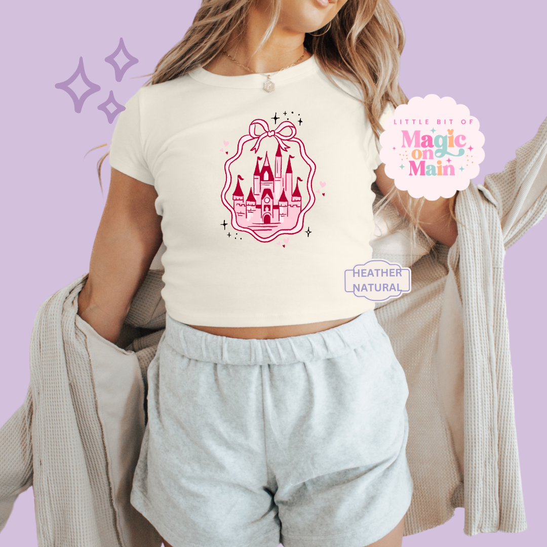 PRINTED PINK CASTLE - WOMENS CROPPED RIBBED BABY TEE 10003