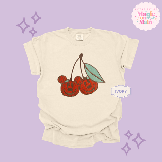 EMBROIDERED MICKEY PUMPKIN CHERRY - ADULT T-SHIRT