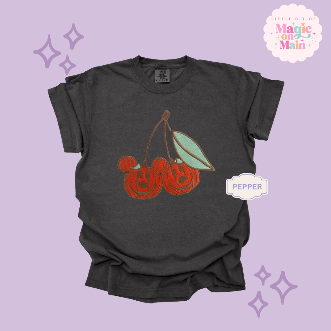 EMBROIDERED MICKEY PUMPKIN CHERRY - ADULT T-SHIRT