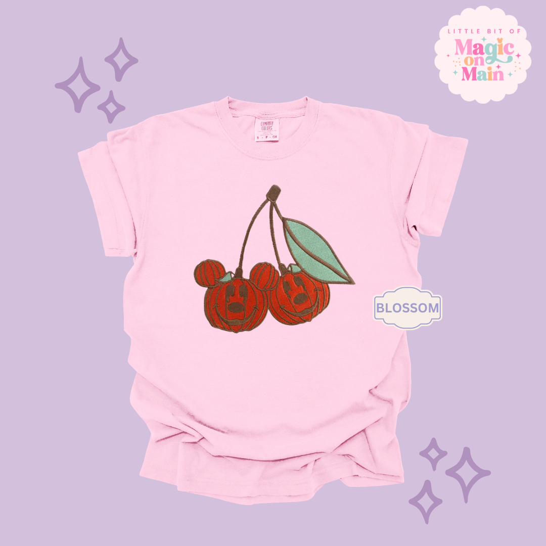 EMBROIDERED MICKEY PUMPKIN CHERRY - ADULT T-SHIRT