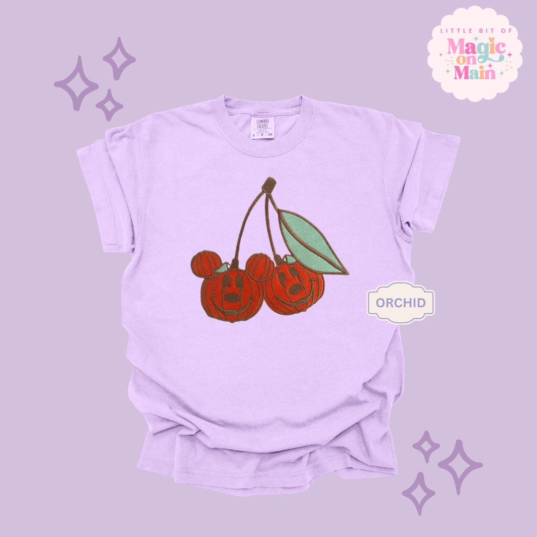 EMBROIDERED MICKEY PUMPKIN CHERRY - ADULT T-SHIRT