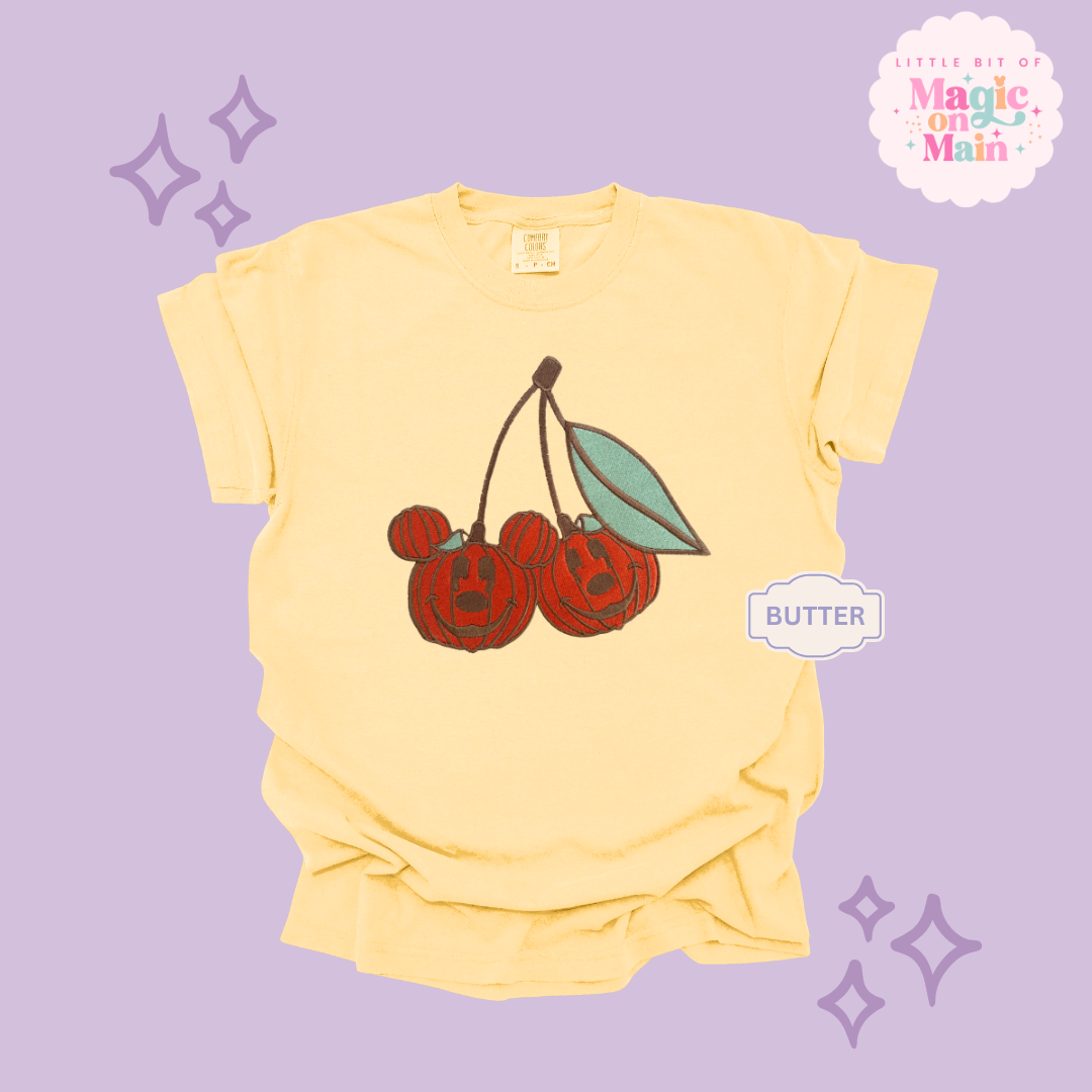 EMBROIDERED MICKEY PUMPKIN CHERRY - ADULT T-SHIRT