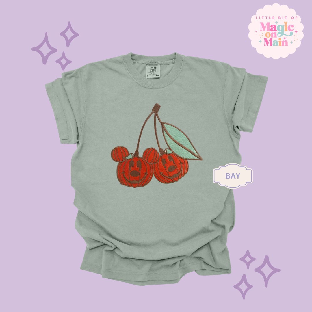 EMBROIDERED MICKEY PUMPKIN CHERRY - ADULT T-SHIRT