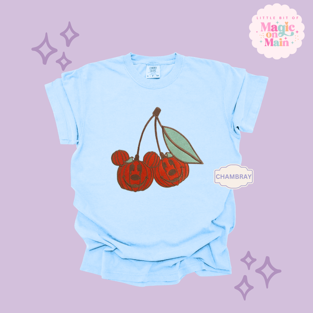 EMBROIDERED MICKEY PUMPKIN CHERRY - ADULT T-SHIRT